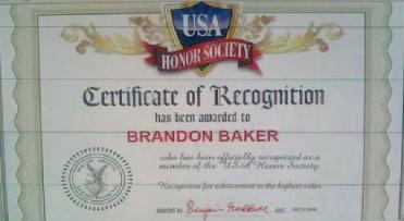 my certificate from the USA HONOR SOCIETY